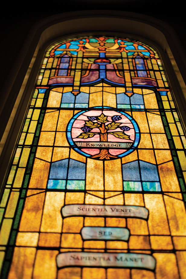 stained glass window inside Patten’s 1845 Regular Baptist Church