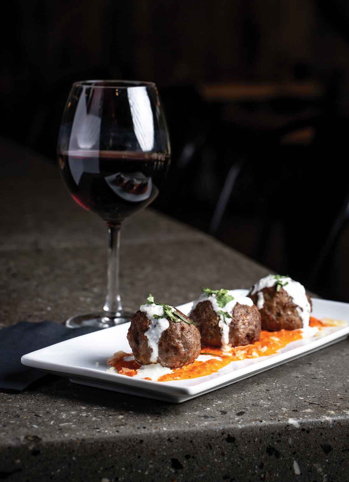 lamb meatballs with red-pepper coulis and tzatziki from the Portage Tap House