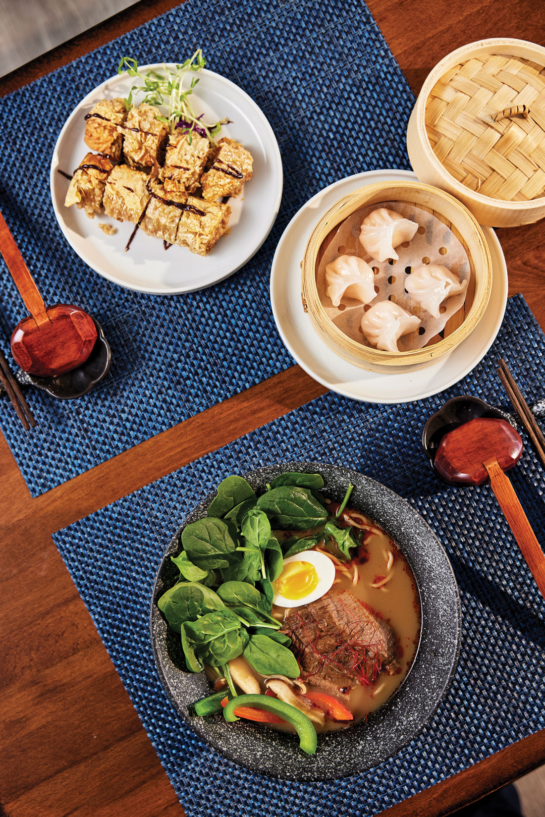 pork-filled tofu-skin rolls, shrimp dumplings, and beef ramen from Kittery's 518 Noodle Bar