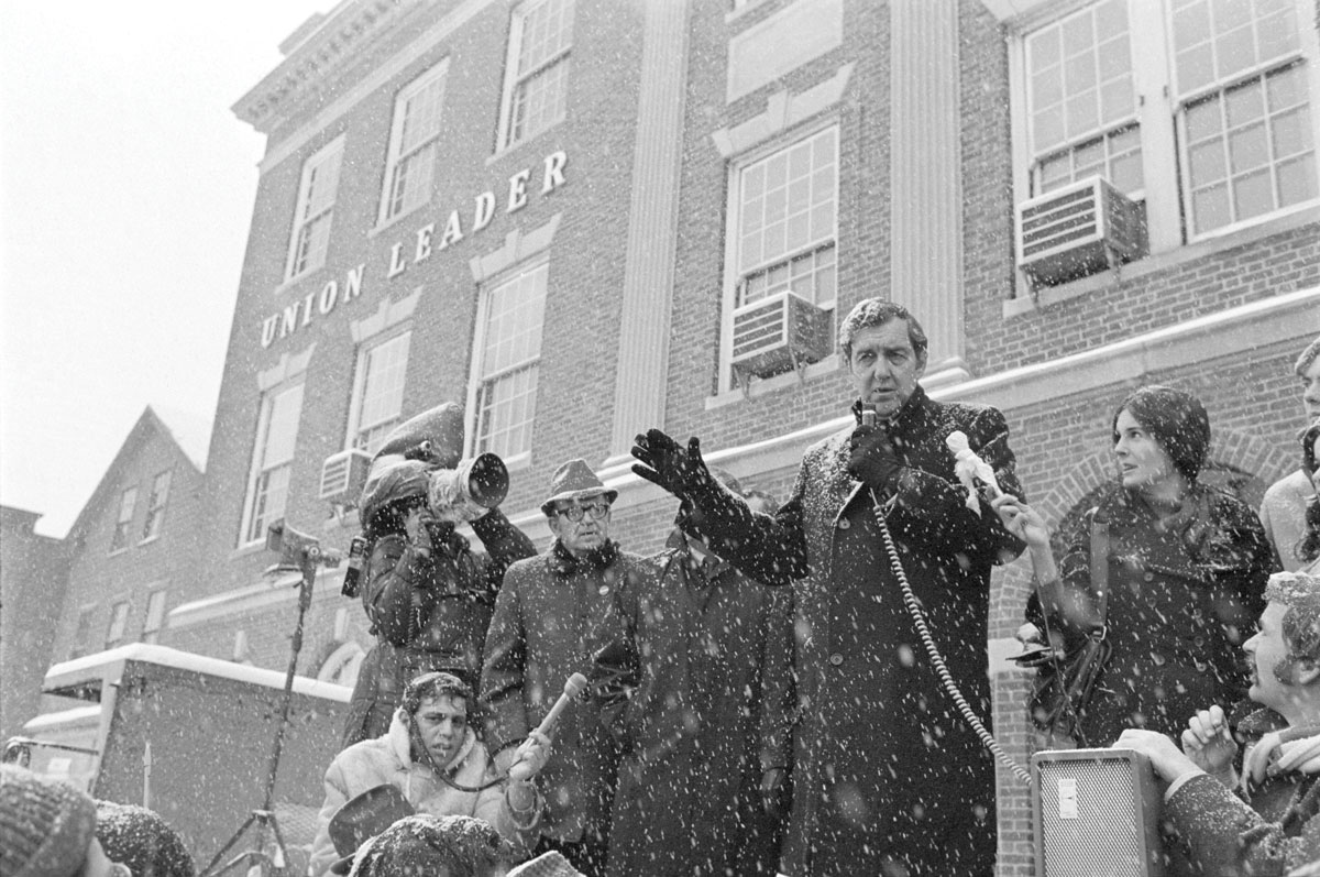 Edmund Muskie speaking outside the Manchester Union Leader