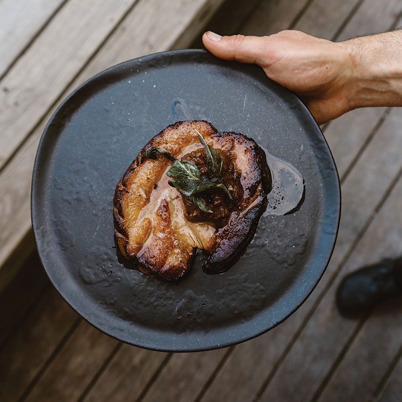 smoked pork chop with peach-and- poblano compote