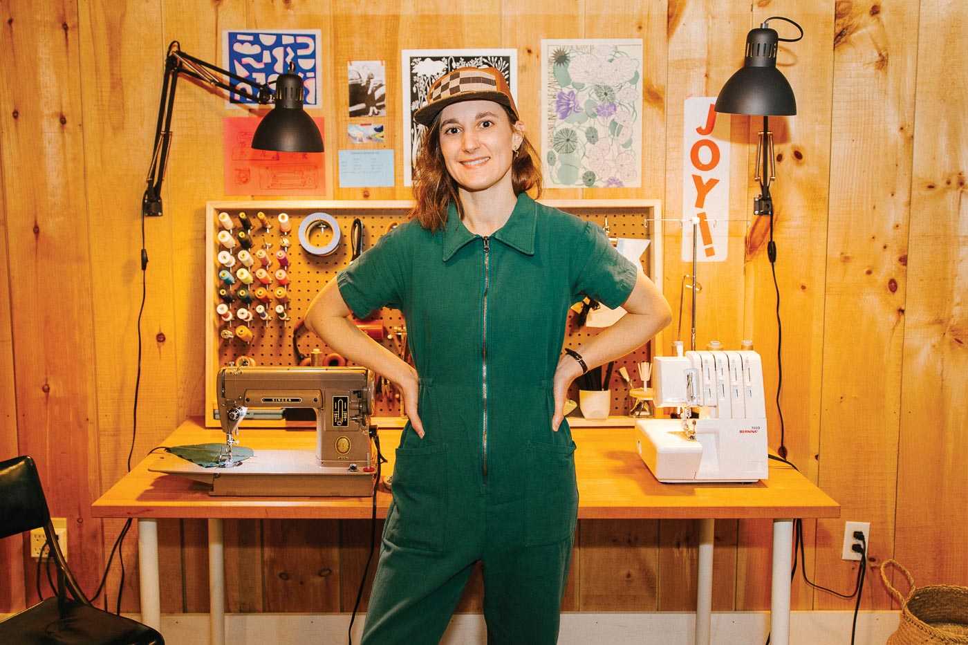 Sarah Johnson, of Sundew Sewing Company, wearing one of her five-panel hats