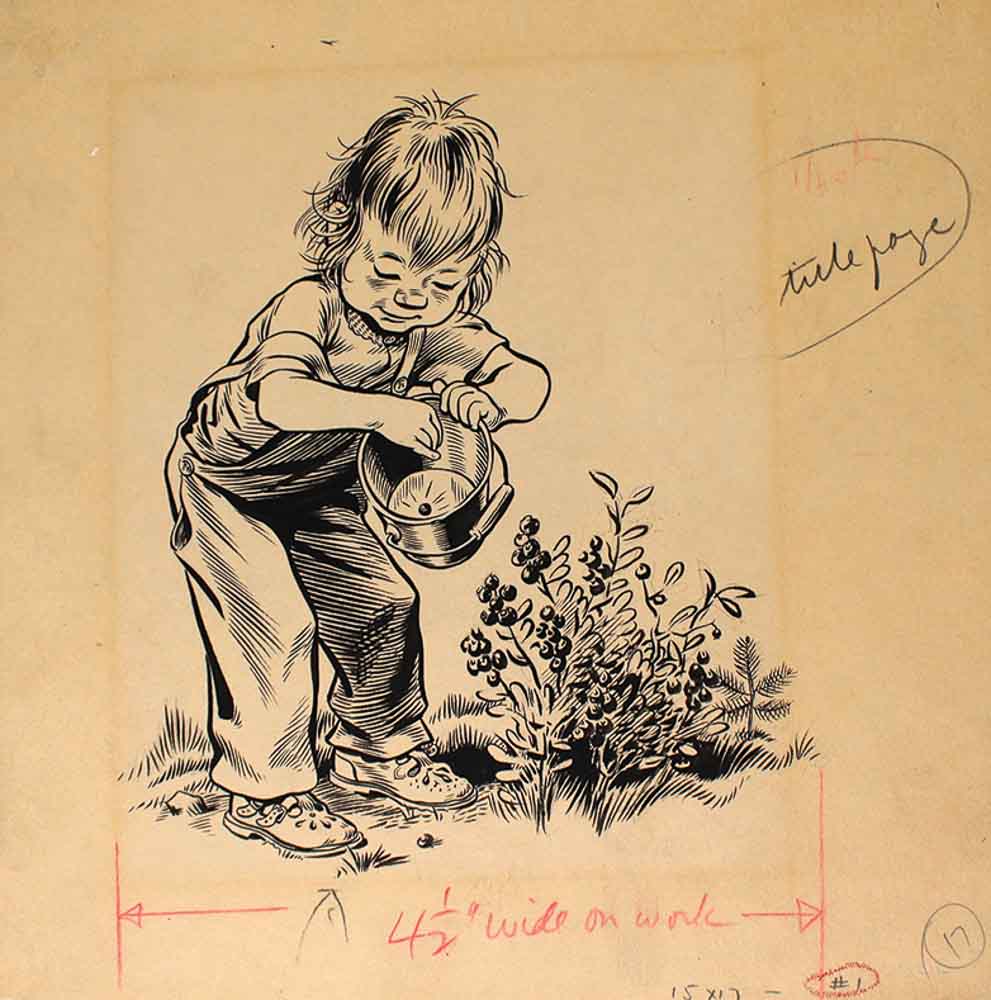 a sketch of Sal from "Blueberries for Sal" by Robert McCloskey picking blueberries