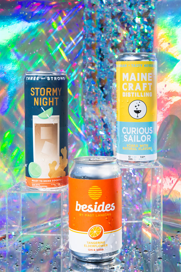 canned cocktails from Three of Strong Spirits, Maine Craft Distilling, and Mast Landing Brewing Co.