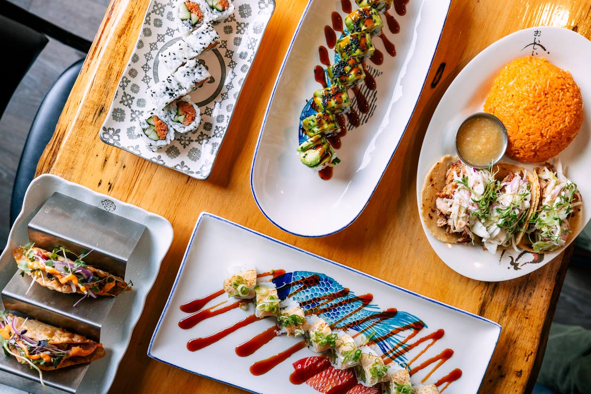 An array of dishes from Elevation Sushi and Tacos