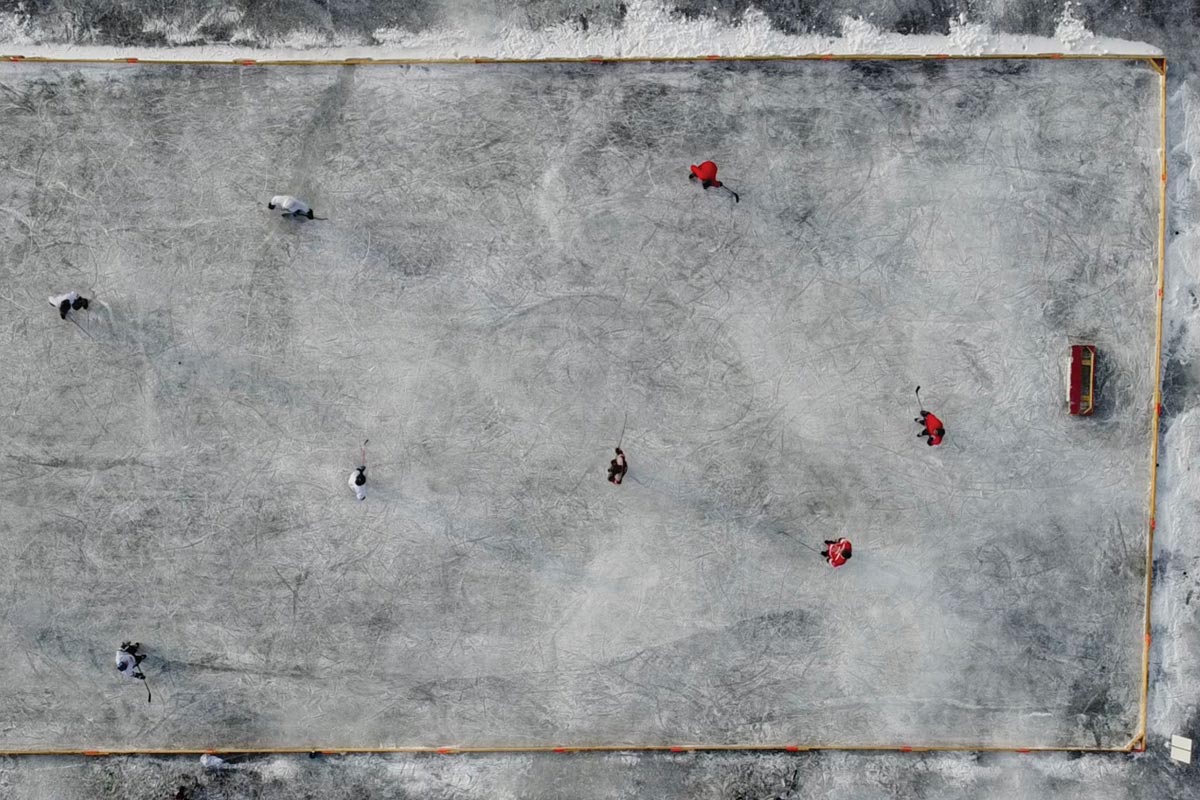 view of pond hockey game from above