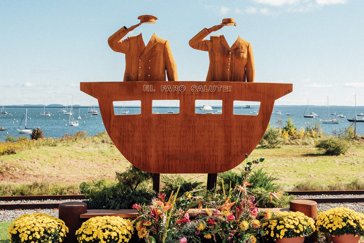 the steel El Faro memorial in Rockland depicts two faceless merchant marines, a man and a woman, saluting above a stern the shape of El Faro’s, with the names of all 33 victims etched in it